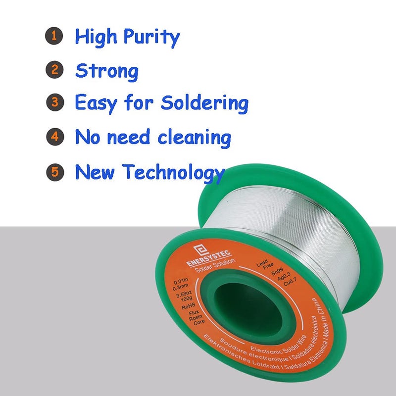 E ENERSYSTEC Ultra Thin Solder Wire Lead Free Rosin Core Flux Alloy Soldering 0.01in 0.3mm 100g Sn99 Ag0.3 Cu0.7 Flow 100g for Electronics Soldering Electrical Solder - Image 3